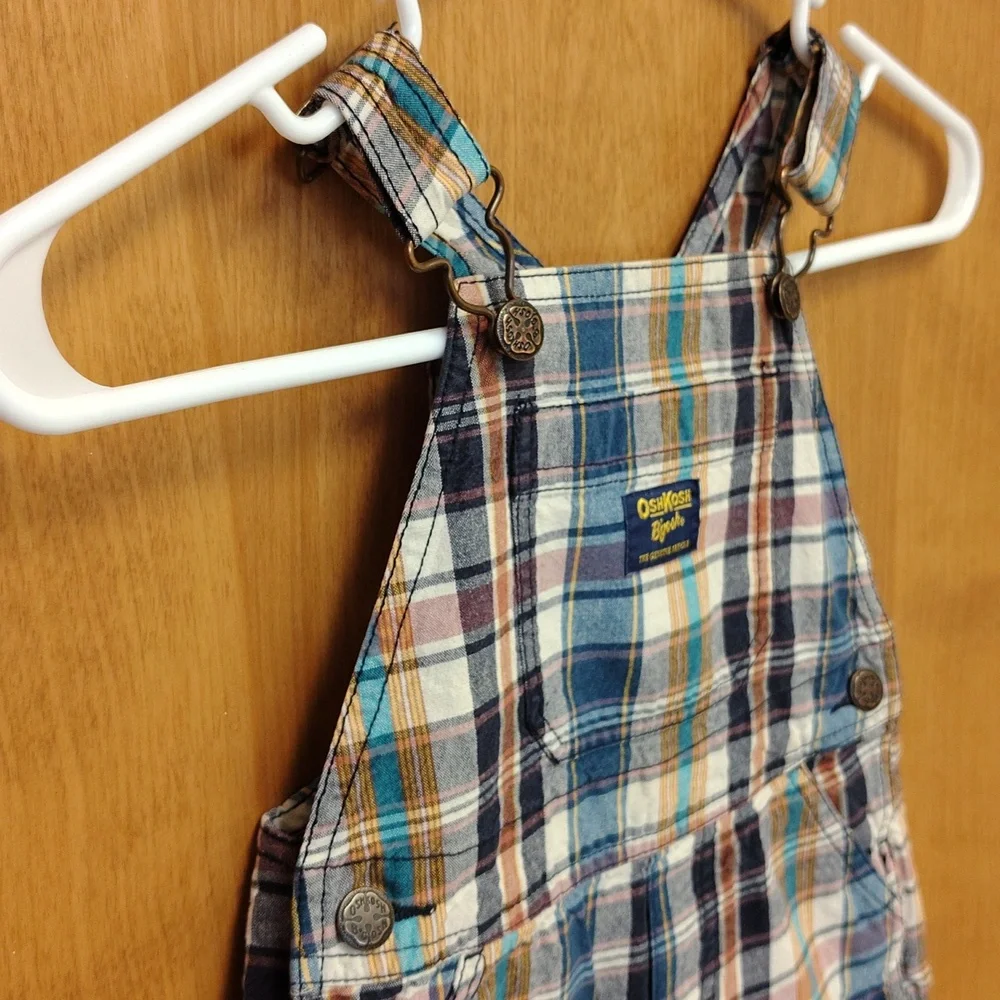OshKosh B'gosh Kids Plaid Shorts Overalls Blue, Maroon, Mustard, Teal And Cream
